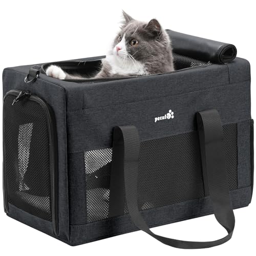 pecute Katzentasche Transporttasche Flugtasche Stabiler Halt Haustier Tragetasche, Transportbox Katze Leicht, Faltbar Katzen Tasche für Katzen und kleine Hunde, ideal für Reisen, bis 6 kg,Dunkelgrau von pecute