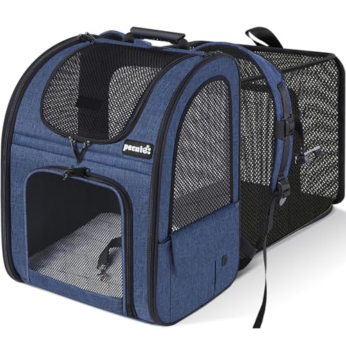 pecute Hunderucksack XL, Erweiterbar Faltbar, Katzenrucksack Große Katzen mit Anti-offener Reißverschluss, Rucksack Hund mit Netz Fenster Blau, für Hunde Katzen Haustiere (40 * 33 * 49cm) von pecute