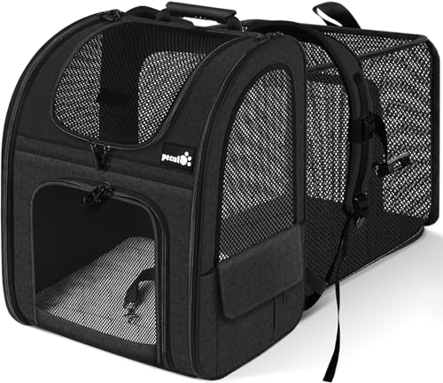 pecute Hunderucksack Erweiterbar XL für 6-10 kg, Faltbar Katzenrucksack Katzen mit Anti-offener Reißverschluss, Atmungsaktive Rucksack Hund mit Netz Fenster Grau, für Hunde Katzen Haustiere von pecute