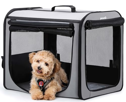 pecute Hundetransportbox Stabil Hundebox Auto Faltbar Transportbox Hund 61 x 52 x 45 cm, Leicht Katzen Transportboxen Atmungsaktiv Hundebox mit Rolltor, Transportbox Zum Autofahren Reisen, Grau von pecute