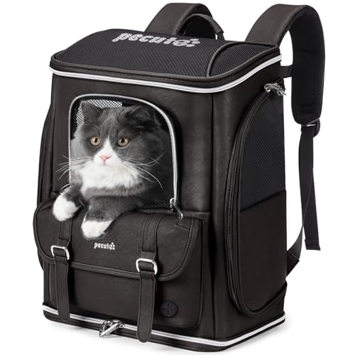 pecute Katzenrucksack Hunderucksack PU Haustier Rucksack, Belastung Verringern Hundetasche,Atmungsaktive Mesh Fenstern Faltbar Katzentasche,Hundetragetasche für Wandern,Camping, Reisen 6kg,Braun von pecute