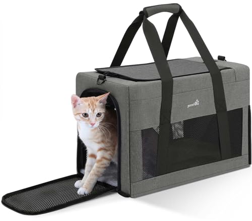 pecute Katzentasche Transporttasche Flugtasche Stabiler Halt Haustier Tragetasche, Transportbox Katze Leicht, Faltbar Katzen Tasche für Katzen und kleine Hunde, ideal für Reisen, bis 6 kg, Hellgrau von pecute