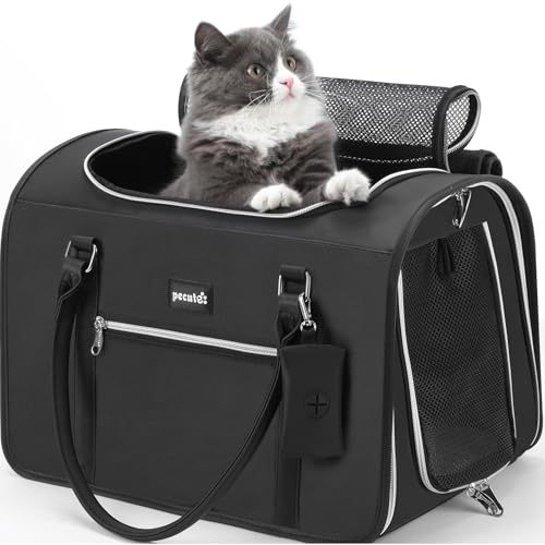 pecute Katzen Transportboxen Katzentransportbox, Atmungsaktive Hundetasche Katzen Tasche, PU Leicht Haustier Tragetasche, Katzentransporttasche Für Reisen Hundetragetasche Für Katzen Welpen,Schwarz von pecute