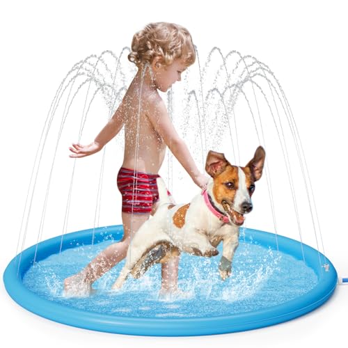 pecute Sprinkler Wasser-Spielmatte Splash(100 * 100 * 10cm), Sprinkler für Hunde Spritz wasserspiel Matte, Splash Pad mit rutschfeste einstellbare Wasserhöhe Blau,S von pecute