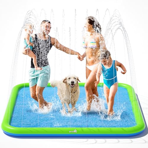 pecute Sprinkler Wasser-Spielmatte Splash(170 * 170 * 15cm), Sprinkler für Hunde Spritz wasserspiel Matte, Splash Pad mit rutschfeste einstellbare Wasserhöhe Blau,XL von pecute