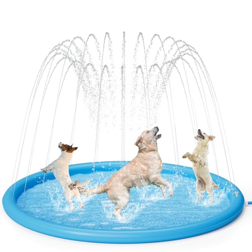 pecute Sprinkler Wasser-Spielmatte Splash(190 * 190 * 15cm), Sprinkler für Hunde Spritz wasserspiel Matte, Splash Pad mit rutschfeste einstellbare Wasserhöhe Blau,XL von pecute