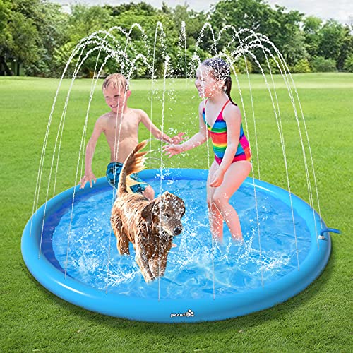 pecute Sprinkler Wasser-Spielmatte Splash(150 * 150 * 15cm), Sprinkler für Hunde Spritz wasserspiel Matte, Splash Pad mit rutschfeste einstellbare Wasserhöhe Blau,L von pecute