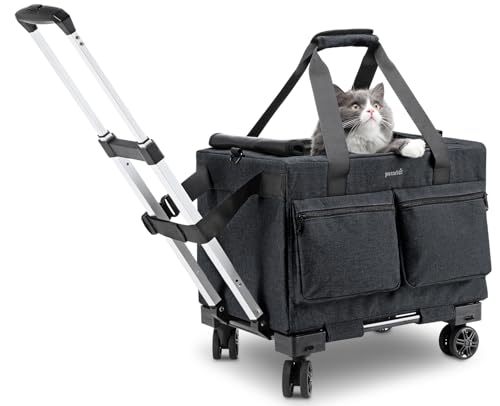 pecute Transporttasche Katze mit Rollen 2 in 1 bis 7 kg, Katzen Transportboxen, Abnehmbarer Faltbarer Katzentasche Hundetrolley mit Fenster, Hundetragetasche Schultergurt katzenbox, Dunkel Grau von pecute