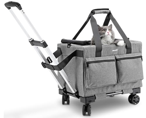 pecute Transporttasche Katze mit Rollen 2 in 1 bis 7 kg, Katzen Transportboxen, Abnehmbarer Faltbarer Katzentasche Hundetrolley mit Fenster, Hundetragetasche Schultergurt katzenbox, Grau von pecute