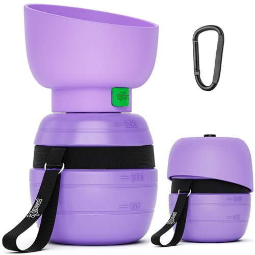 pecute Trinkflasche Hunde für Unterwegs, Hundetrinkflasche Silikon Wasserflasche Hund mit Faltbarer Wasserschale, Hunde Trinkflasche to Go, Haustier Trinknapf Tragbare Lila S 350 ml von pecute