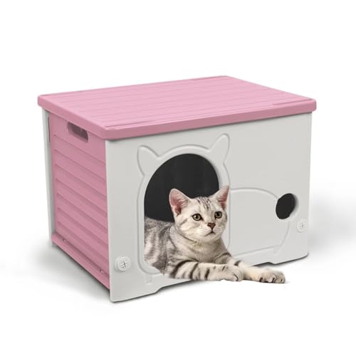 Pempet Katzenhaus aus Kunststoff, niedlich, wasserdicht, wilde Katze, Unterschlupf, für drinnen und draußen, Katzenhaus (Rosa) von pempet