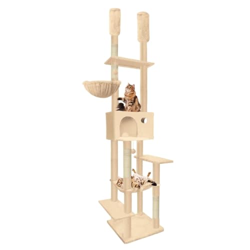 Pempet Kratzbaum, 7-stöckig, höhenverstellbar, mit Kratzstämmen, gemütliche Hängematte, Katzenhaus für Hauskatzen, 245,1 - 274,3 cm, Beige von pempet