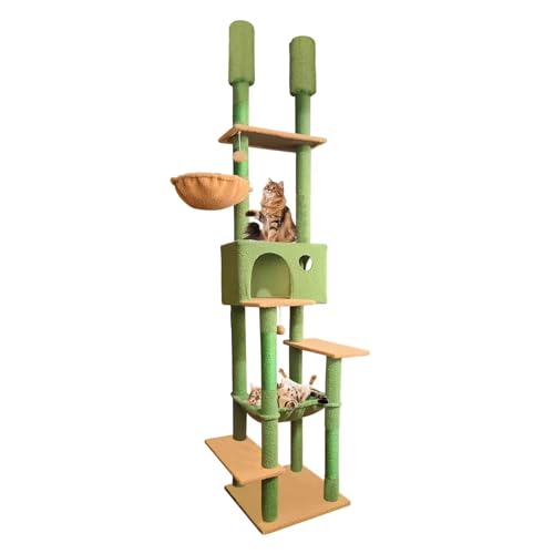 Pempet Kratzbaum, 7-stöckig, höhenverstellbar, mit Kratzstämmen, gemütliche Hängematte, Katzenhütte für Indoor-Katzen, 245,1 - 274,3 cm, Grün von pempet