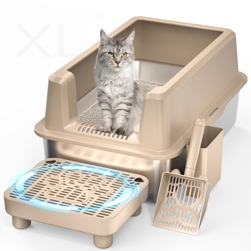 PereHome Geschlossene Katzentoilette aus Edelstahl, extra XL große Katzentoilette mit Deckel, Metall-Katzentoilette mit hohem Rand, leicht zu reinigen, geruchlos, Anti-Urin-Auslauf, inklusive Schaufel von perehome