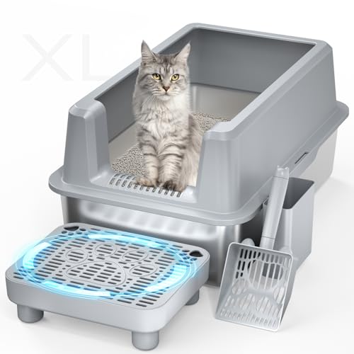 PereHome Geschlossene Katzentoilette aus Edelstahl, extra XL große Metall-Katzentoilette mit Deckel, hohe Seite, leicht zu reinigen, geruchlos, Anti-Urinleckage, inklusive Schaufel (Grau) von perehome