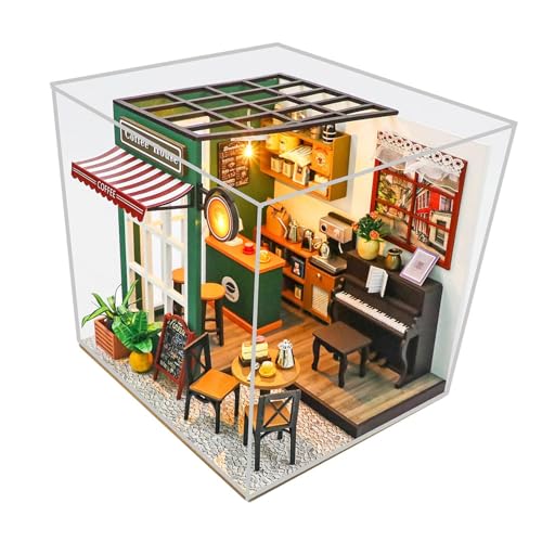 perfk DIY Miniatur-Puppenhaus-Bausätze, Café mit Möbelset, eingebaute LED-Leuchten, staubdichte Abdeckung für kreatives Geschenkfestival von perfk