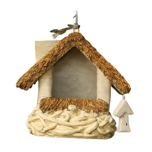 perfk Hängendes Vogelhaus, Käfig, Harz, Vogelhaus, Ornament für Gartengeschenke, Vogelschutz, Vogelzuchtbox für den Finkengarten, Reetgedeckte Hausform von perfk