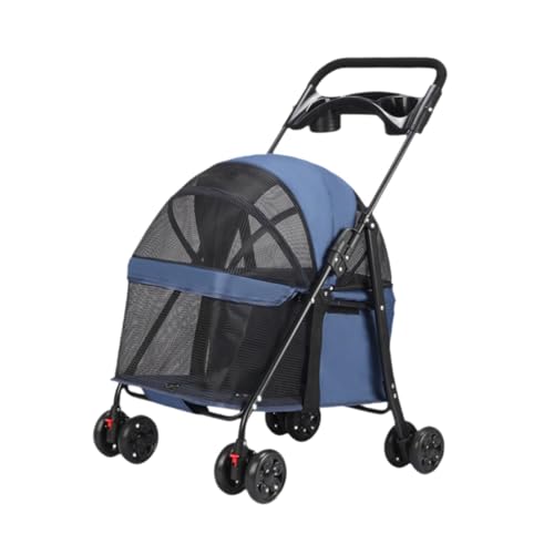 perfk Haustier-Kinderwagen, 4 Räder, Katzen-Kinderwagen, multifunktionaler, Faltbarer Trolley, leicht, für kleine Haustiere, Hunde, Katzen, Kätzchen, Dunkelblau von perfk