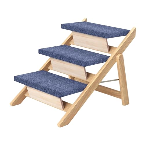 perfk Haustiertreppe aus Holz, Haustierstufen, verstellbare Neigung, mit Teppichboden ausgelegt, einfacher Aufstieg für kleine und ältere Tiere, Faltbare, 3 Schritte von perfk