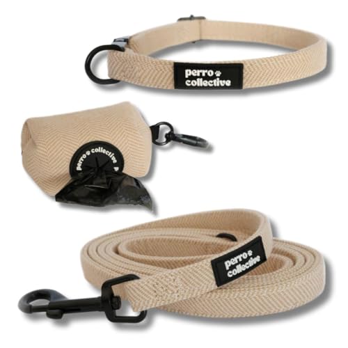 perro collective Set mit Halsband, Leine und Kotbeutel für Hunde in Beige, groß (Beige, L) von perro collective