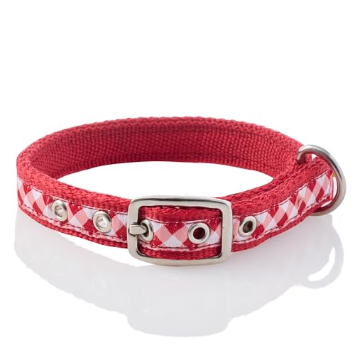 Pet Passion Verstellbares Hundehalsband aus recyceltem Band, für alle Hunderassen, rotes Büffelkaro, Größe L von pet passion