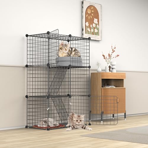 petour Katzenkäfige Indoor 3 Etagen Katzenkäfig Gehege DIY Metalldraht Katzenhaus mit 3 Türen, 2 Leitern Zwinger Kiste Catio mit Leiter für Katzen Bunny Chinchilla Schwarz 109 x 75 x 39 cm von petour