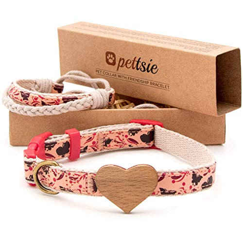 Pettsie Hundehalsband mit Herz und Freundschaftsarmband, einstellbare Größen S und M, haustierfreundlicher Hanf, stark und langlebig, tolles Geschenk für Hundeliebhaber in Geschenkbox von pettsie