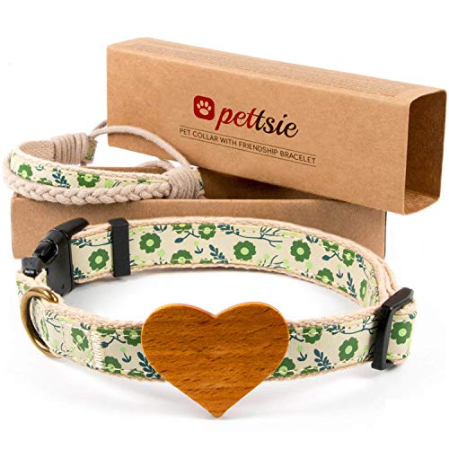 Pettsie Hundehalsband mit Herz und Freundschaftsarmband, einstellbare Größen S und M, haustierfreundlicher Hanf, stark und langlebig, tolles Geschenk für Hundeliebhaber in Geschenkbox von pettsie