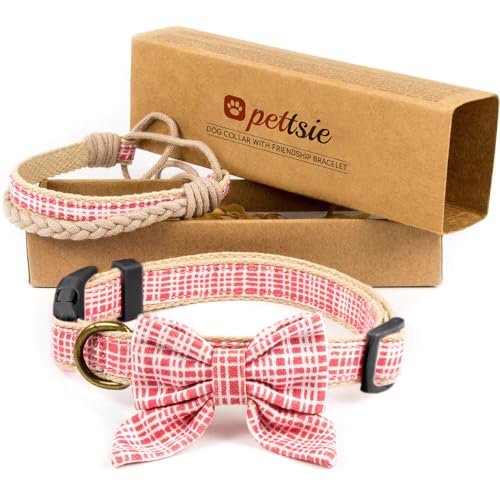 pettsie Hundehalsband mit Fliege und Freundschaftsarmband, einstellbare Größen S und M, haustierfreundlicher Hanf, stark und langlebig, tolles Geschenk für Hundeliebhaber in Geschenkbox, S, Rosa von pettsie