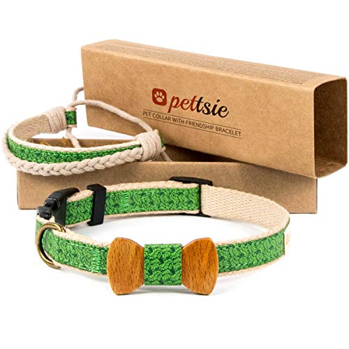 Pettsie Hundehalsband mit Fliege und Freundschaftsarmband, einstellbare Größen S und M, haustierfreundlicher Hanf, stark und langlebig, tolles Geschenk für Hundeliebhaber in Geschenkbox von pettsie