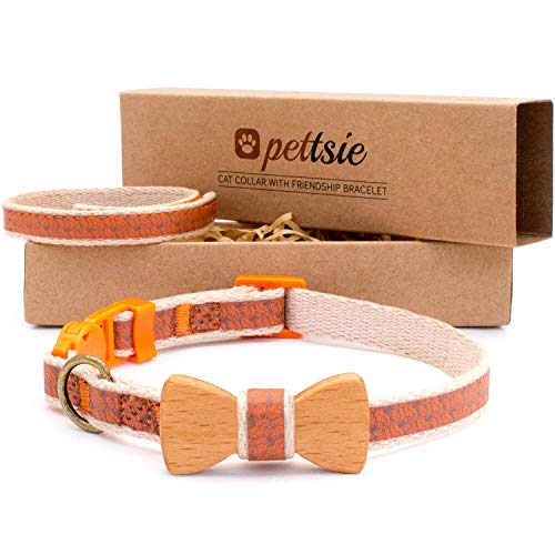 Pettsie Katzenhalsband mit Sicherheitsverschluss und Fliege aus hochwertigem Buchenholz, Freundschaftsarmband für Sie, Starke Baumwolle, einstellbare Größe 20,3-28 cm, orange von pettsie