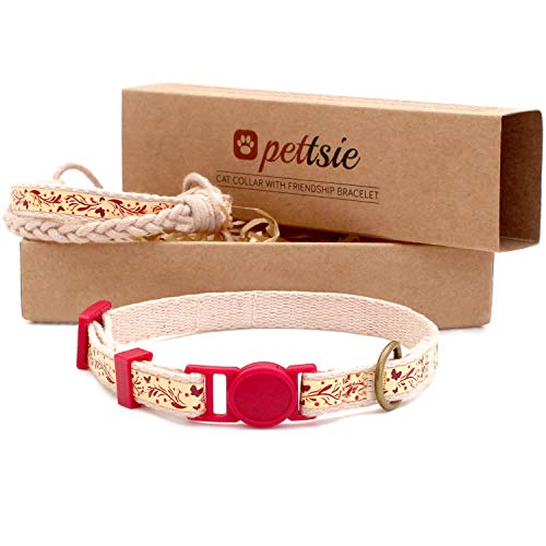 Pettsie Katzenhalsband und Freundschaftsarmband Set, Sicheres Design mit Weicher Baumwolle, D-Ring für Zubehör, Einfach Einstellbare Größe 12,7-20,3 cm, Rot von pettsie