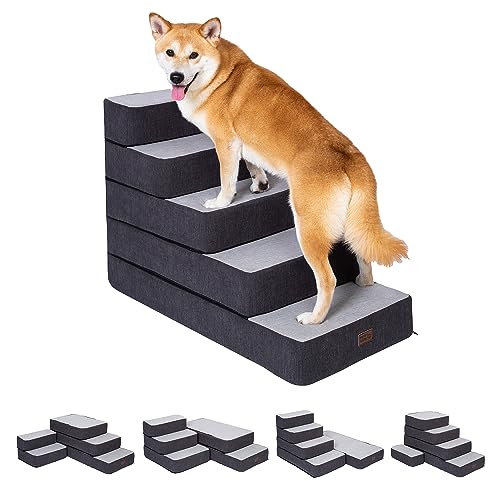 Hundetreppe für kleine Hunde, genähte Schaumstoff-Haustierstufen für hohe Betten, Sofas und Stühle, DIY Haustiertreppe, rutschfest, zusammenklappbar, Hundetreppe für große Hunde und Katzen, 5 Stufen, von pettycare