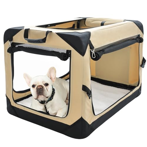 Pettycare 66 cm faltbare Hundebox für mittelgroße Hunde, 4-türig, faltbar, weiche Hundehütte mit kaufesten Netz-Fenstern, für drinnen und draußen, Reise-Hundebox, weiche Seite, beige von pettycare