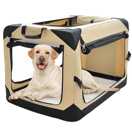 Pettycare Faltbare Hundebox für große Hunde, 42 cm, faltbar, weich, mit kaufesten Netzfenstern, für drinnen und draußen, Reisekäfig, weiche Seite, Beige von pettycare