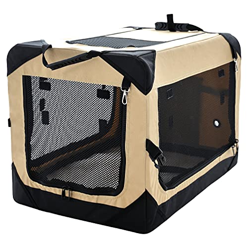 Pettycare Zusammenklappbare Hundebox, tragbare Hundebox, 3-türig, faltbar, weiche Hundebox mit robusten Netz-Fenstern, Innen- und Außenbereich, Reise-Hundebox, Farbe: Beige, Größe XL von pettycare