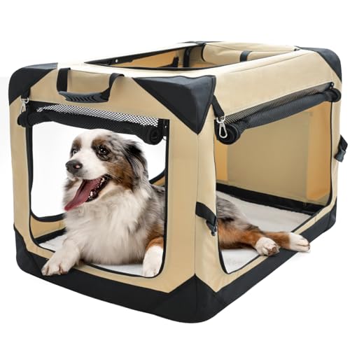 Pettycare Zusammenklappbare Hundebox für Hunde, tragbare Hundebox, 3-türige, faltbare weiche Hundebox mit robusten Netz-Fenstern, Innen- und Außenbereich, Reise-Hundebox, Farbe: Beige, Größe L von pettycare