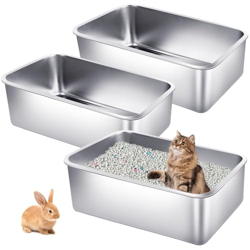 phepetroll 3 x Edelstahl-Katzentoiletten 60 cm L x 40 cm B x 15 cm H, extra große Metall-Katzentoiletten mit hoher Seite, stabile Aluminium-Katzentoiletten für Haustiere, kein Geruch, von phepetroll