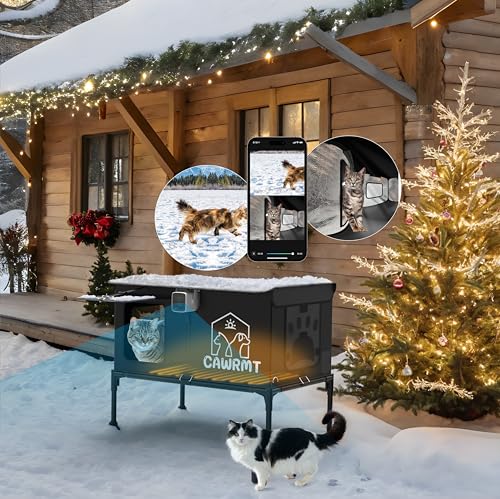 PLIOW Beheiztes Katzenhaus, Outdoor-Katzenhaus für den Winter, isoliert, wasserdicht, beheiztes Katzenhaus für draußen mit Smart-Kamera, warmes Zuhause für draußen, streunende Scheunenkatze (Schwarz, von pliow