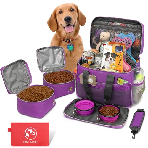 Pmpete Hunde-Reisetasche für Reisen, Wochenausflug/Übernachtung, Reisezubehör mit Multifunktionstaschen, Haustier-Reiseset für Hunde und Katzen, ideale Hunde-Wickeltasche und Hunde-Reise-Set (lila) von pmpete