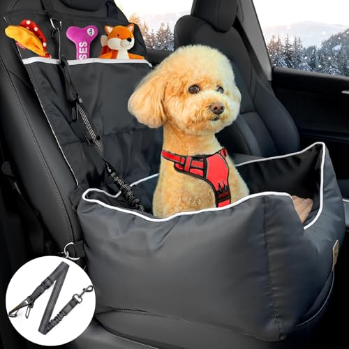 Pmpete Hundeautositz, geeignet für Vorder- und Rücksitze, wasserdichtes Reiseautobett für kleine und mittelgroße Haustiere, Premium-Haustier-Boostersitz mit Taschen und Hunde-Sicherheitsgurt, Schwarz von pmpete