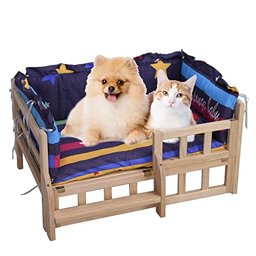 Haustierbett Katzen- und Hundebett aus Holz, erhöhtes Haustierbett mit Zaun und Treppe, erhöhtes Hundehaus, Haustier-Schlafsofa, Couch mit Bettwäsche für kleine Hunde, Haustier, Katze von ppARK