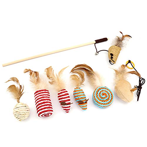 ppactvo Federspielzeug Katze Toys Katzen Spielezeug Interaktives Katzenspielzeug-Set 5 NatüRliche HolzstäBchen 5 Verschiedene PlüSchtiere NatüRliche Federn PlüSchtiere Und Elastisches Seil von ppactvo