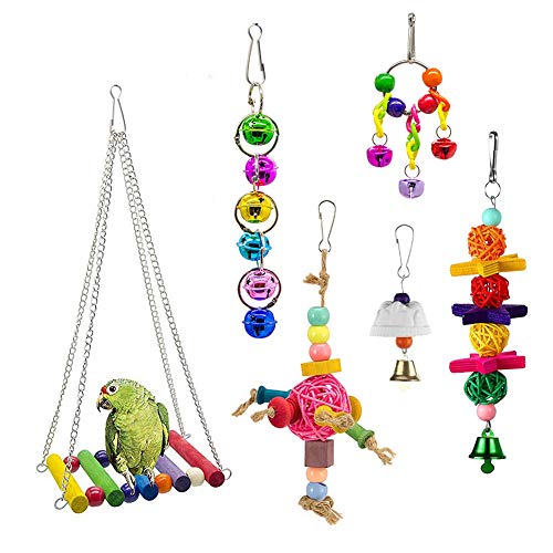 ppactvo Papageienspielzeug Vogelspielzeug 6Pcs Vogelspielzeug Papagei Schaukel Spielzeug Haustier VogelkäFig Schaukeln HäNgematte Kauspielzeug Biss Spielzeug HäNgende Glocke Holzstangen von ppactvo