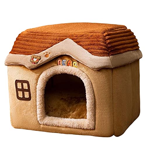 predolo Waschbares Hundebett Haus Comft Kissen Rutschfester Boden Höhle halb geschlossenes gemütliches Nest süßes Plüsch Katzenzelt Bett Haustierbedarf Winter, 40x32x35cm Braun von predolo