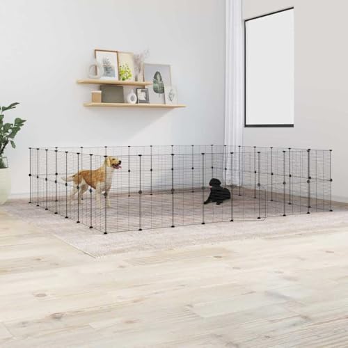 prissent Käfig für Tiere 60 Paneele mit schwarzer Tür 35 x 35 cm Stahl Kaninchengehege Katzenzaun für Hunde Haustiergehege Geräumiger Käfig Selbstmontage von prissent