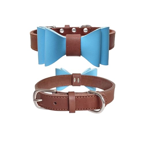 puplrpet Elegantes Hundehalsband aus echtem Leder mit abnehmbarer blauer Schleife, stilvoll und bequem, perfekt für kleine bis mittelgroße Hunde, Dunkelbraun von puplrpet