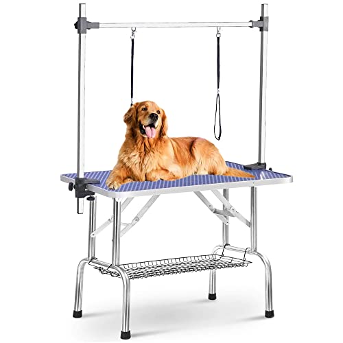 puppykitty Fellpflegetisch für Hunde, aus robustem Edelstahl mit verstellbarem Arm, Schlinge und Netztablett für große Haustiere, bis zu 120 kg von puppykitty