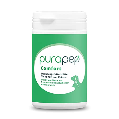 purapep Comfort Pulver – Lindert Stress, Angst & Aggression, fördert Entspannung. Natürliches Beruhigungsmittel für Hunde & Katzen + Tryptophan + B Vitaminen. Ideal für Silvester & Stressphasen. 100g von purapep