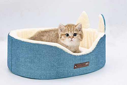 Purrrfect Life Ovale Haustierbetten für Katzen und kleine Hunde, Snuggery Nackenrolle, sehr weich, kurzer Plüsch, waschbar, hohe Widerstandsfähigkeit, PP-Baumwolle, und mehr (mittelgroß, blau) von purrrfect life